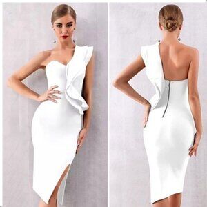 Bandage dress white sexy one shoulder ruffles bodycon club party